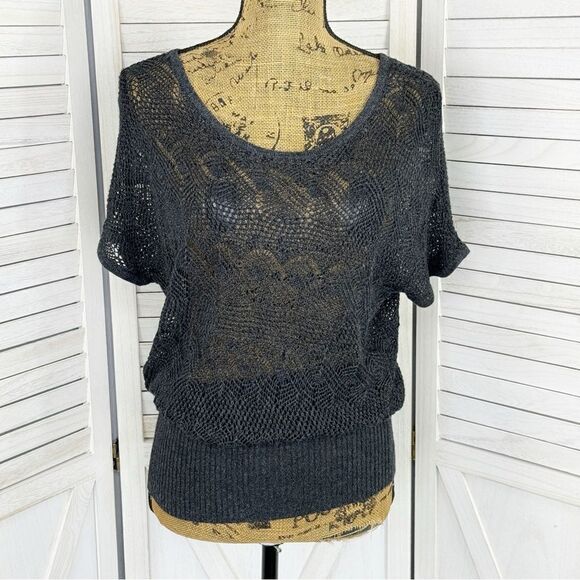 Cache Crochet Sheer Knit Topper Sweater Dark Grey Medium Dolman Cap Sleeve - Picture 1 of 12